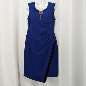 CALVIN KLEIN Blue w/ Black Trim Chain Detail Faux Wrap Jersey Sheath Dress Sz 10